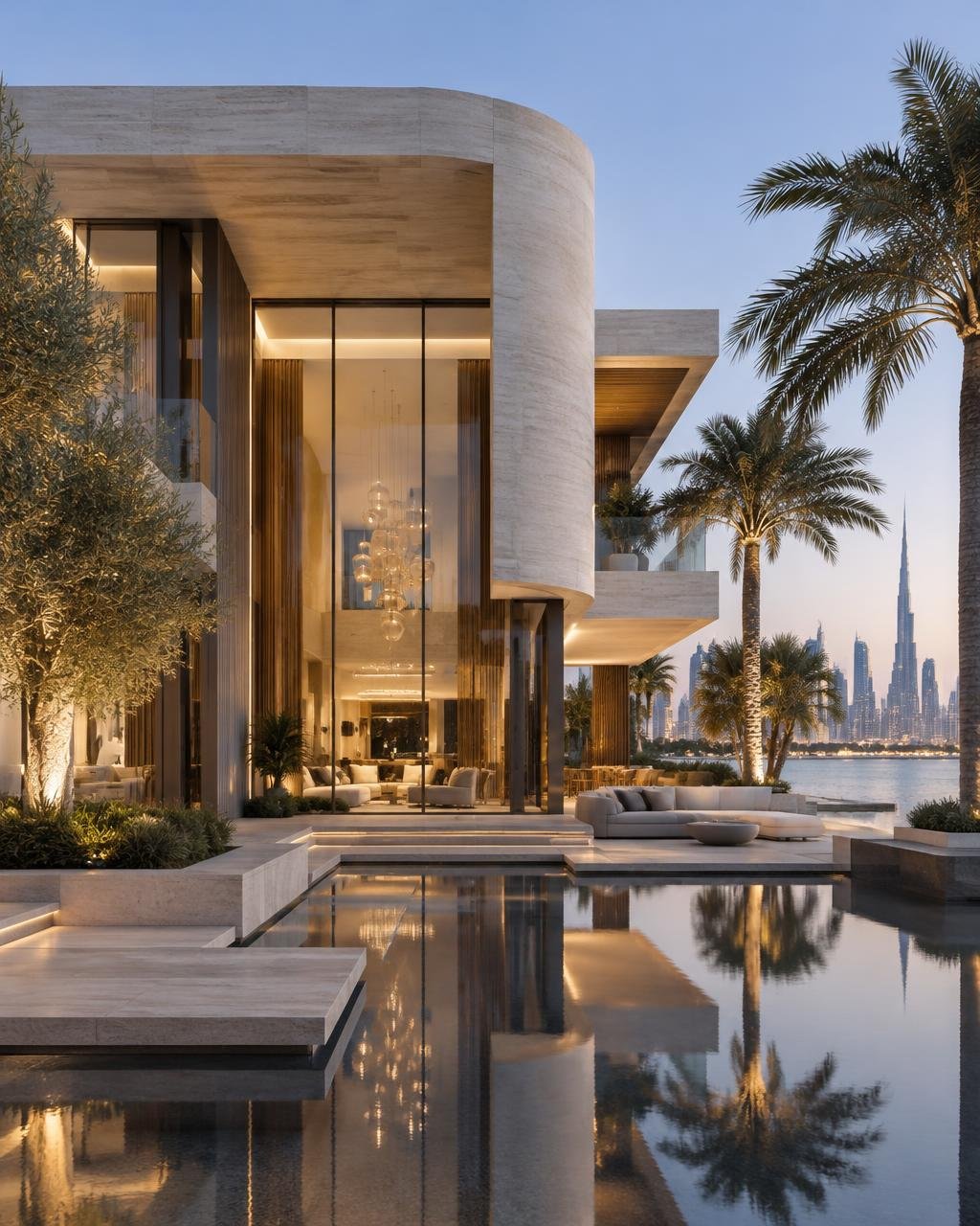 Sculptural waterfront architecture with a reflection pool