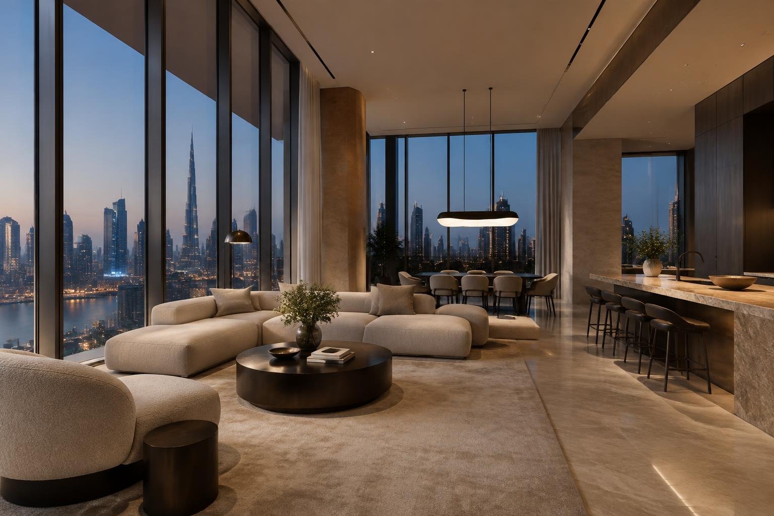 Refined contemporary interior overlooking the Dubai skyline
